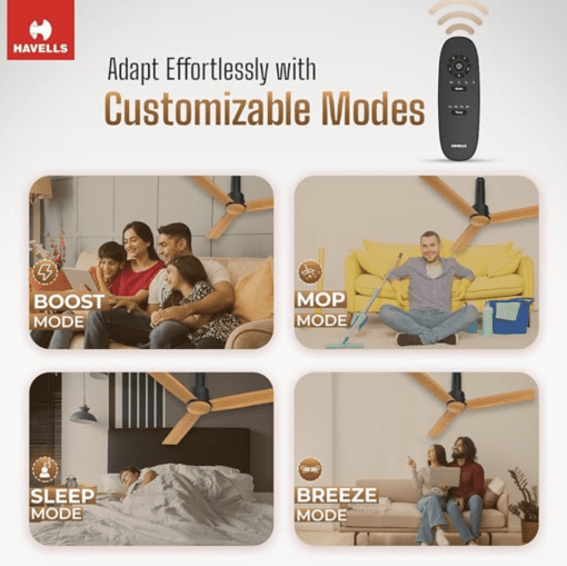 Havells 1200mm Elio Prime BLDC Motor Ceiling Fan | Remote Controlled, High Air Delivery Fan | 5 Star Rated, Upto 60% Energy Saving, 2 Year Warranty | (Pack of 1, Pinewood Matte Black) - Image 4